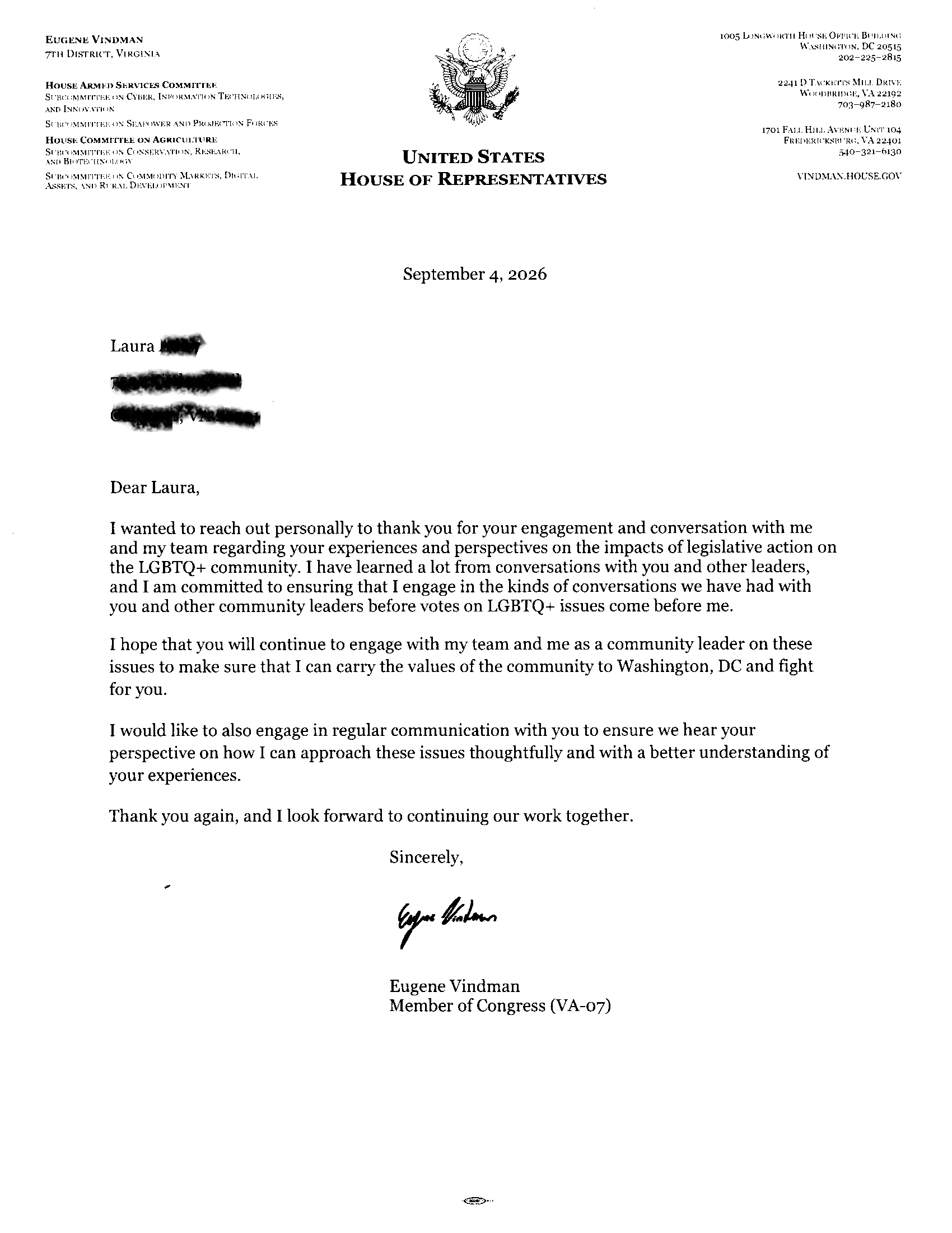 Letter from Vindman